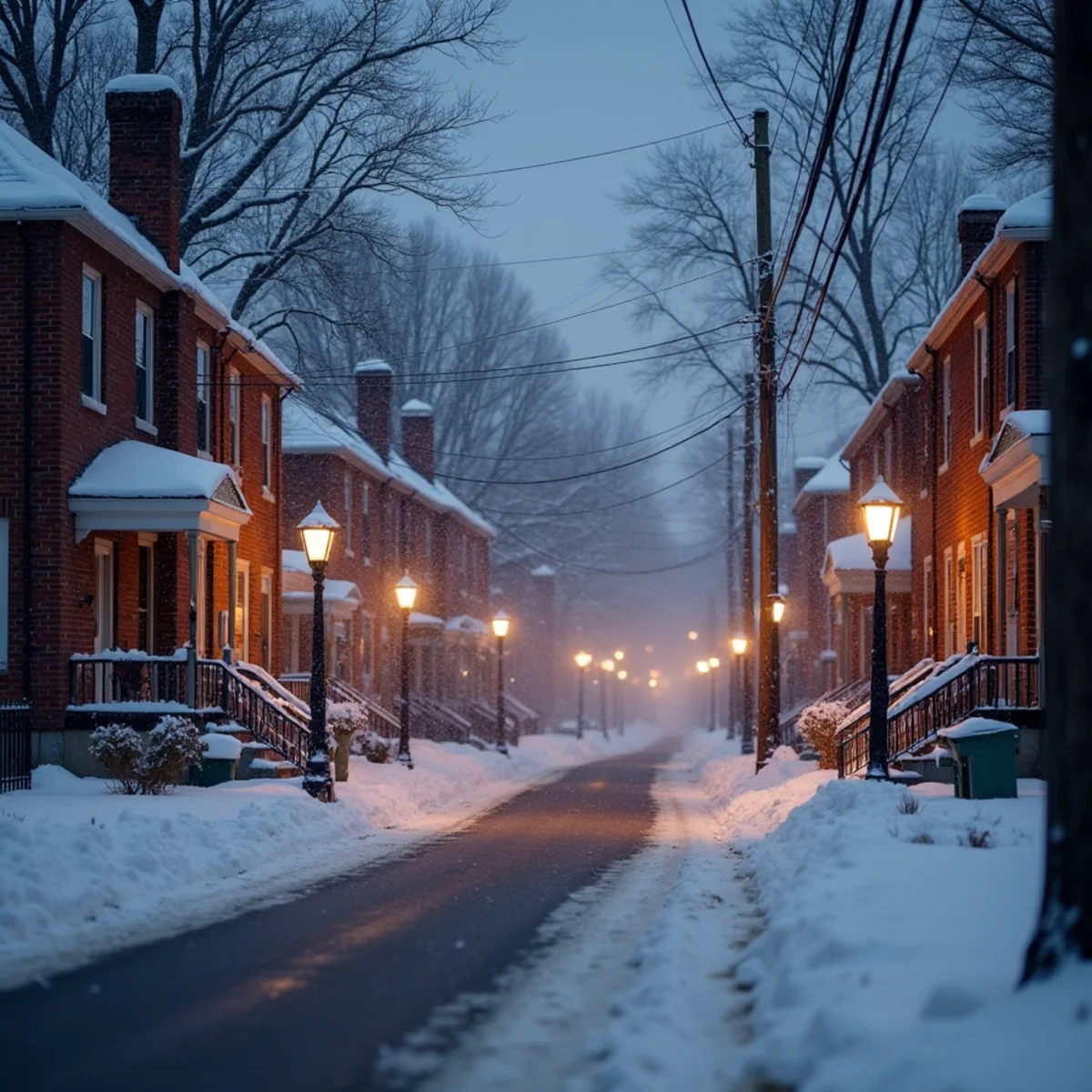 Light snowfall on a small-borough street with chimneys and bare trees