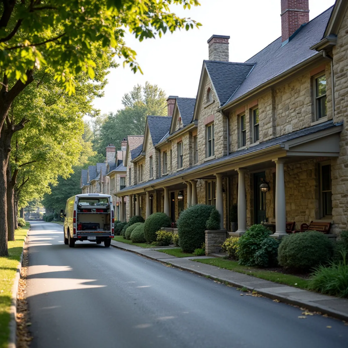 Older stone and brick houses with porches and tall chimneys along a two-lane small-town road