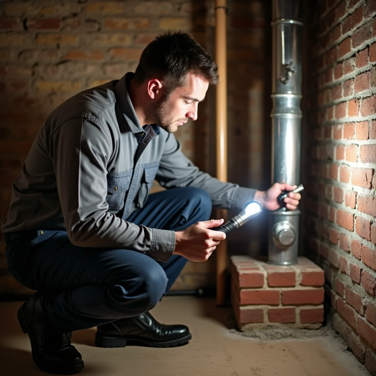 A technician in a plain uniform inspecting the flue pipe between an older boiler and a masonry chimney