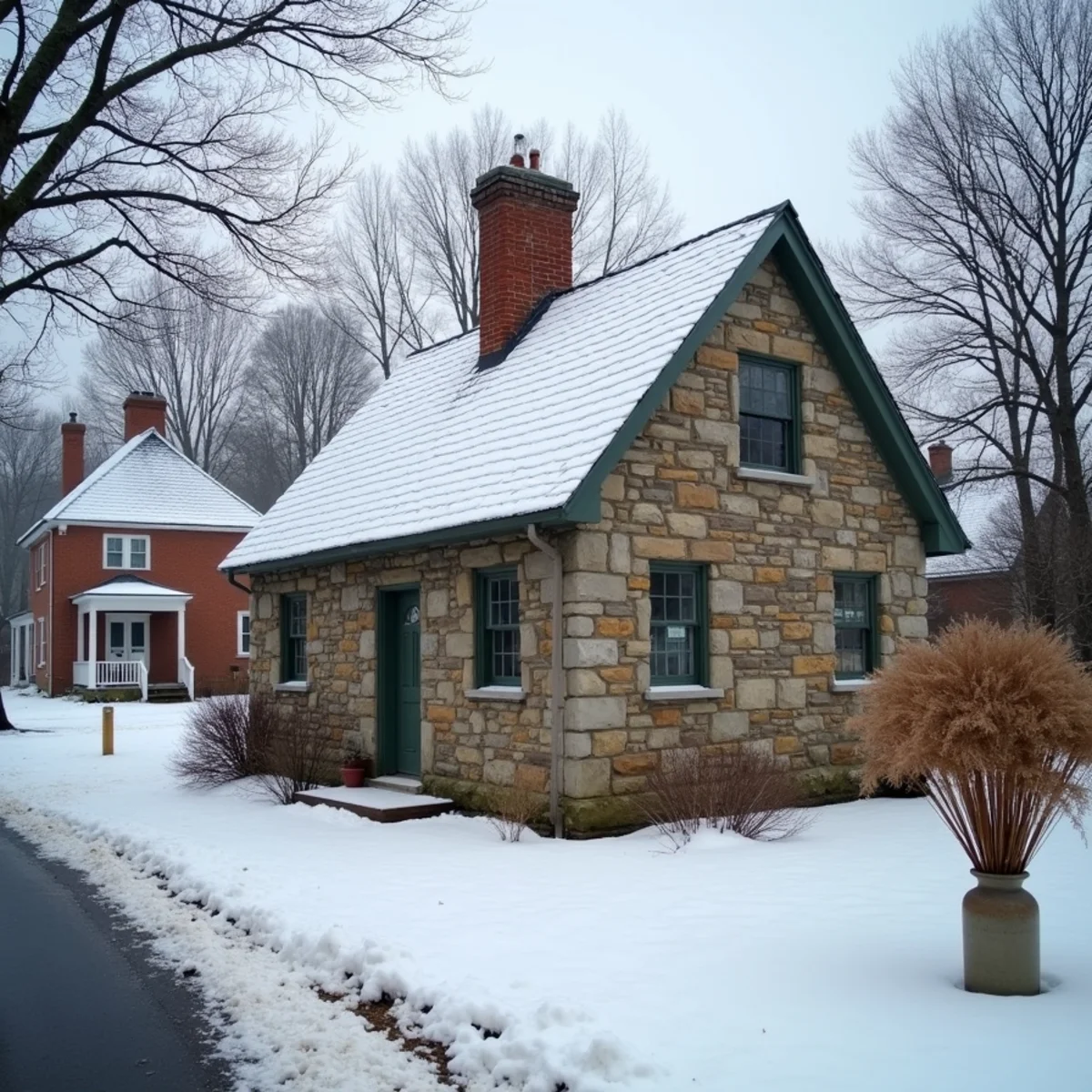 A small fieldstone building with a half-gambrel roof in light snow beside a quiet road