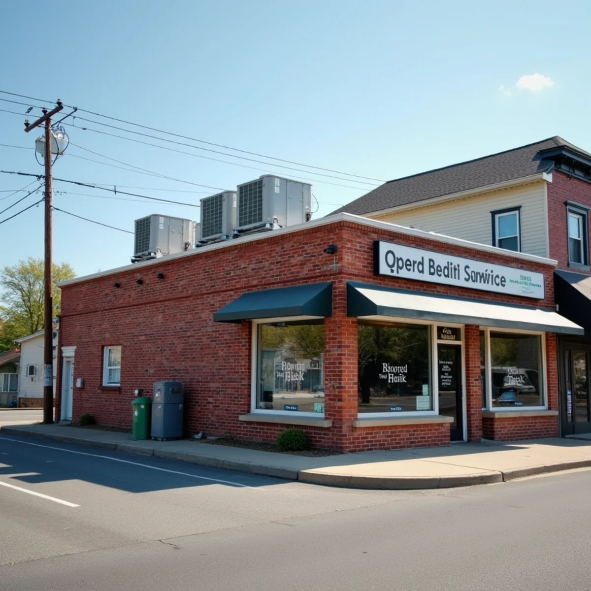 One-story brick retail buildings with rooftop units along a four-lane suburban boulevard