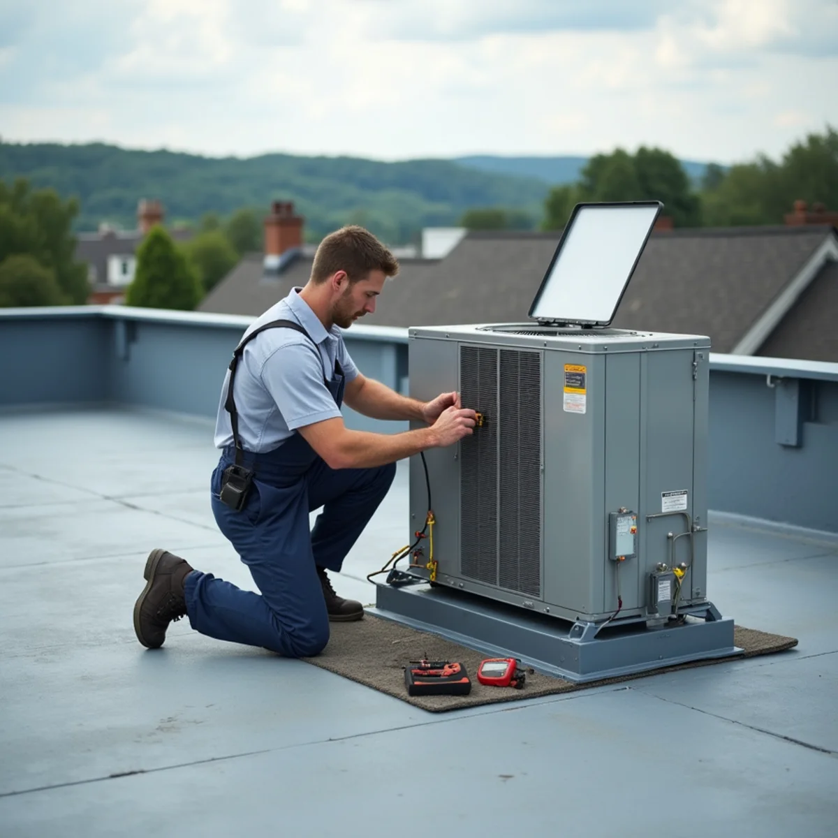 Technician servicing a rooftop package unit on a flat roof with the access panel open