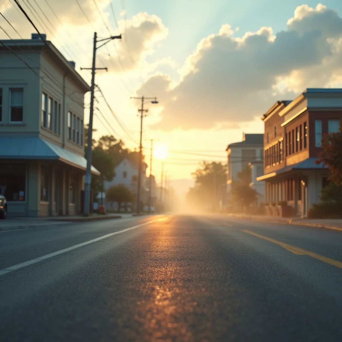 Heat haze over a suburban commercial boulevard on a humid late-summer afternoon