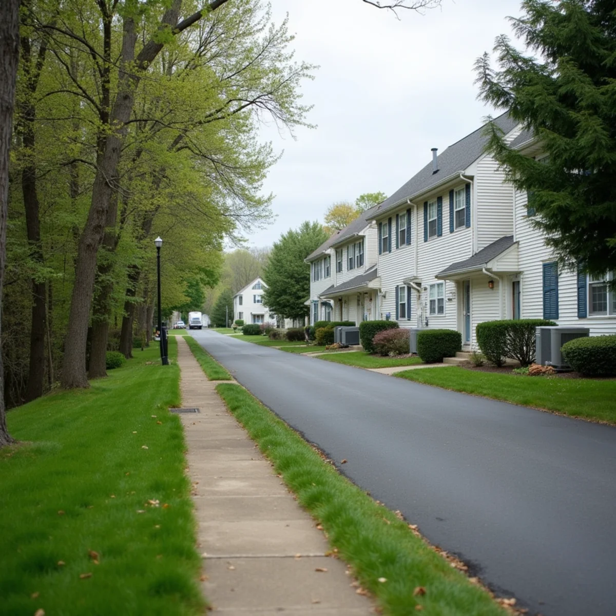 Row of attached townhomes next to a wooded lot with a single detached house on a Bucks County road
