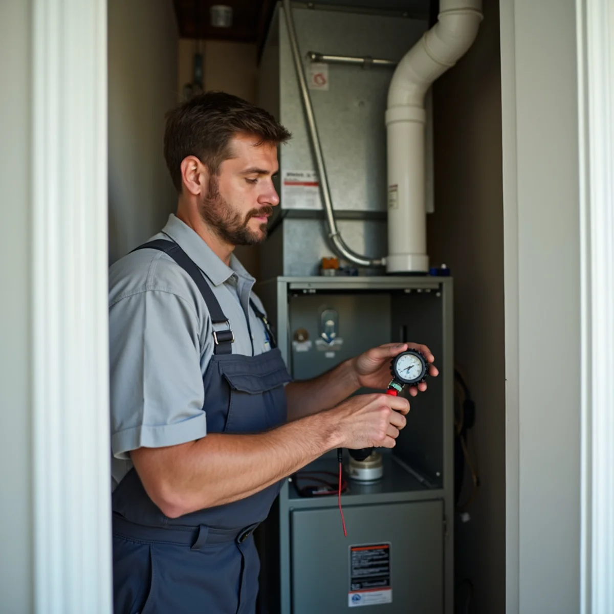HVAC technician servicing a propane furnace in a utility closet of a suburban home