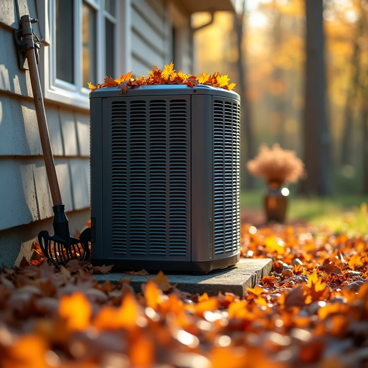 Outdoor AC condenser with fallen leaves around it beside a wooded Pennsylvania home in autumn