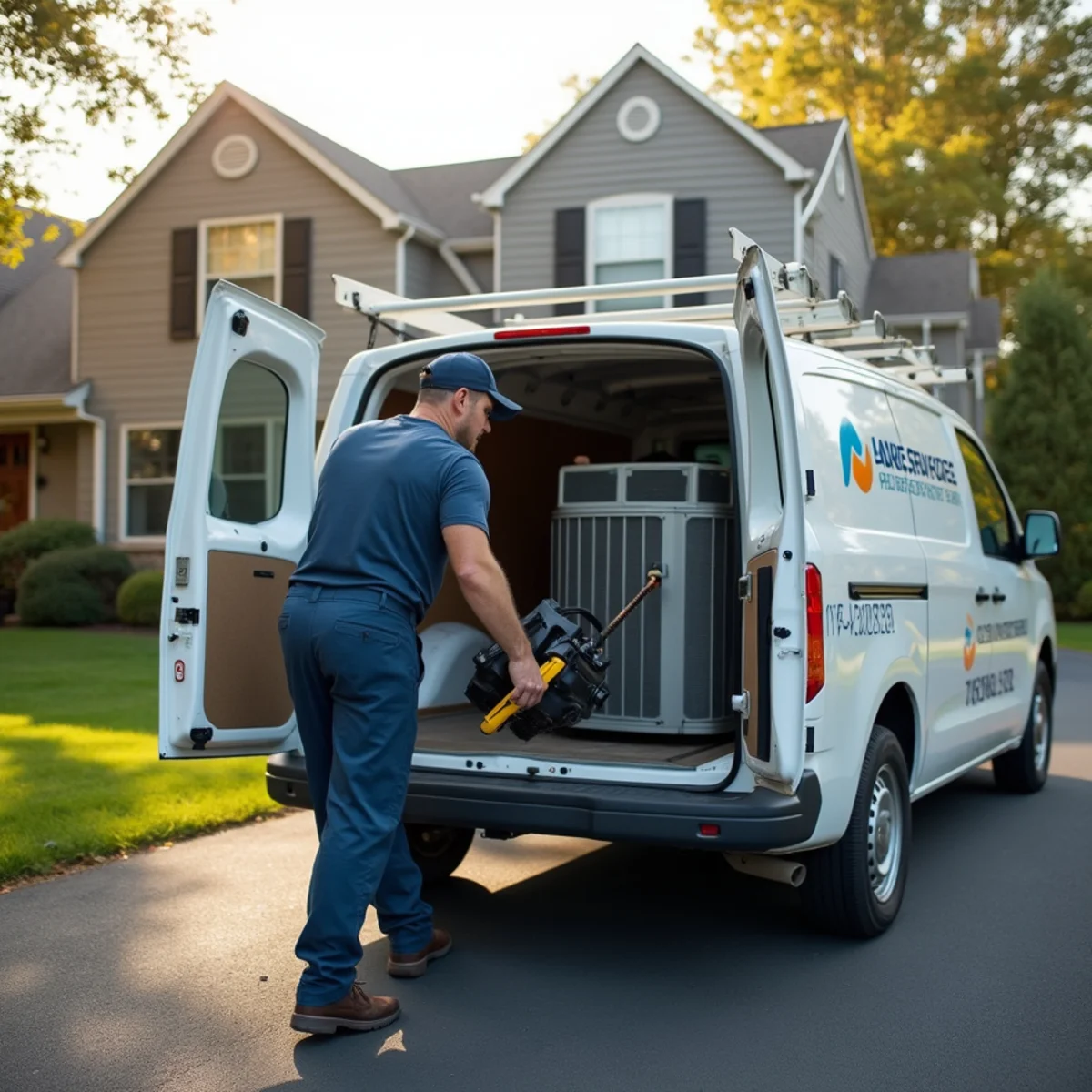 HVAC technician servicing an outdoor AC condenser beside a wooded home in West Rockhill Township, PA