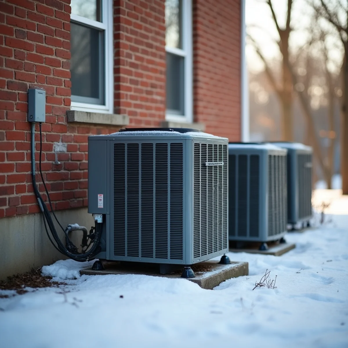 Outdoor heat pump unit with a light frost on a cold winter morning beside a brick home