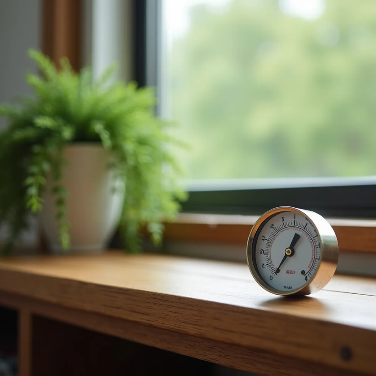 Small humidity gauge sitting on a shelf in a living room next to a houseplant