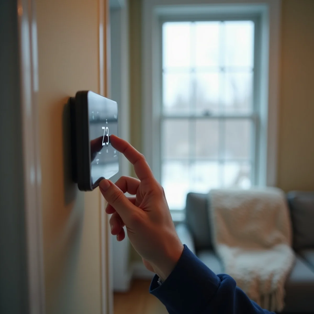 Wall thermostat in a living room of a Pennsylvania home on a winter afternoon