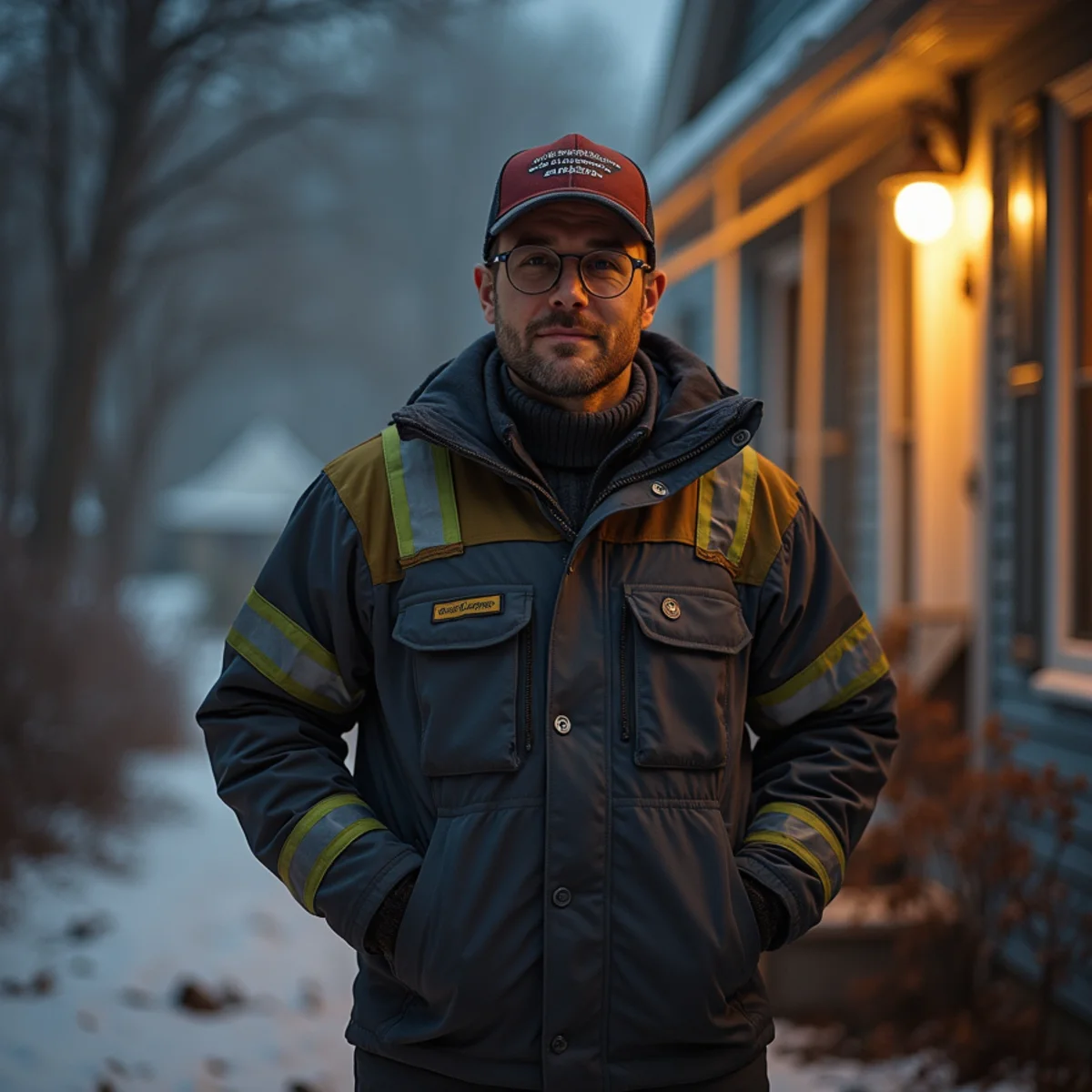 A homeowner in a winter coat checking a furnace thermostat in a dark Quakertown, PA basement at night