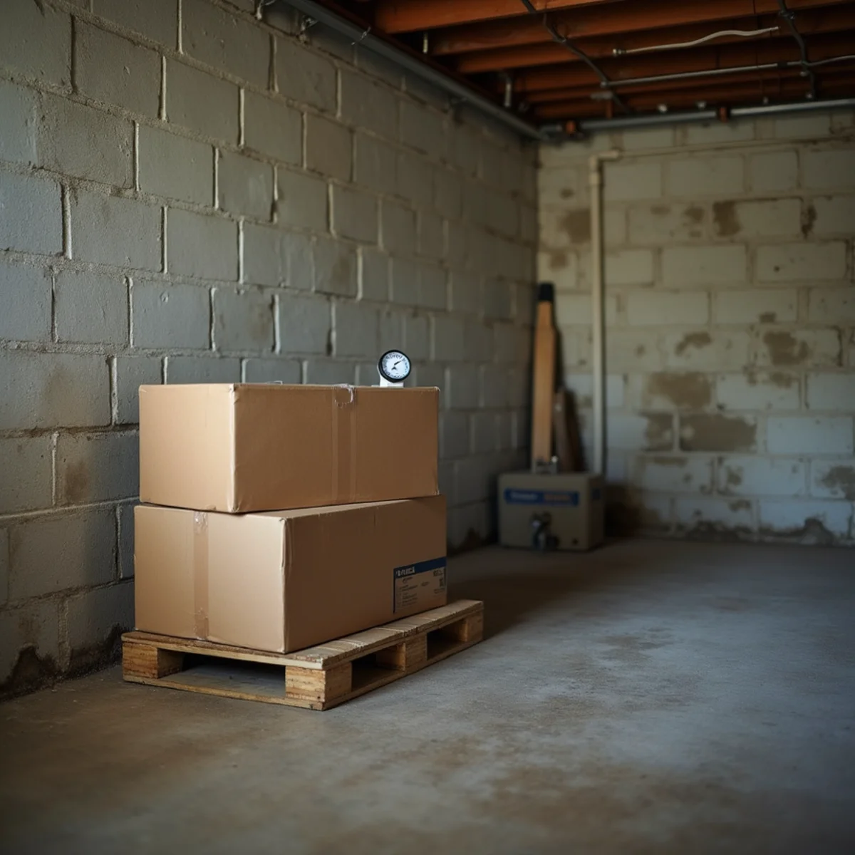 A damp basement corner showing moisture staining