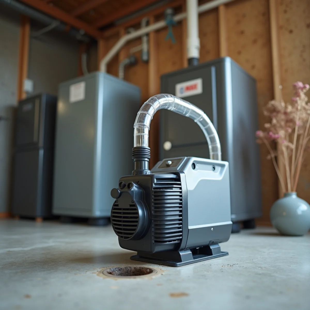 A condensate pump and drain line beside a dehumidifier