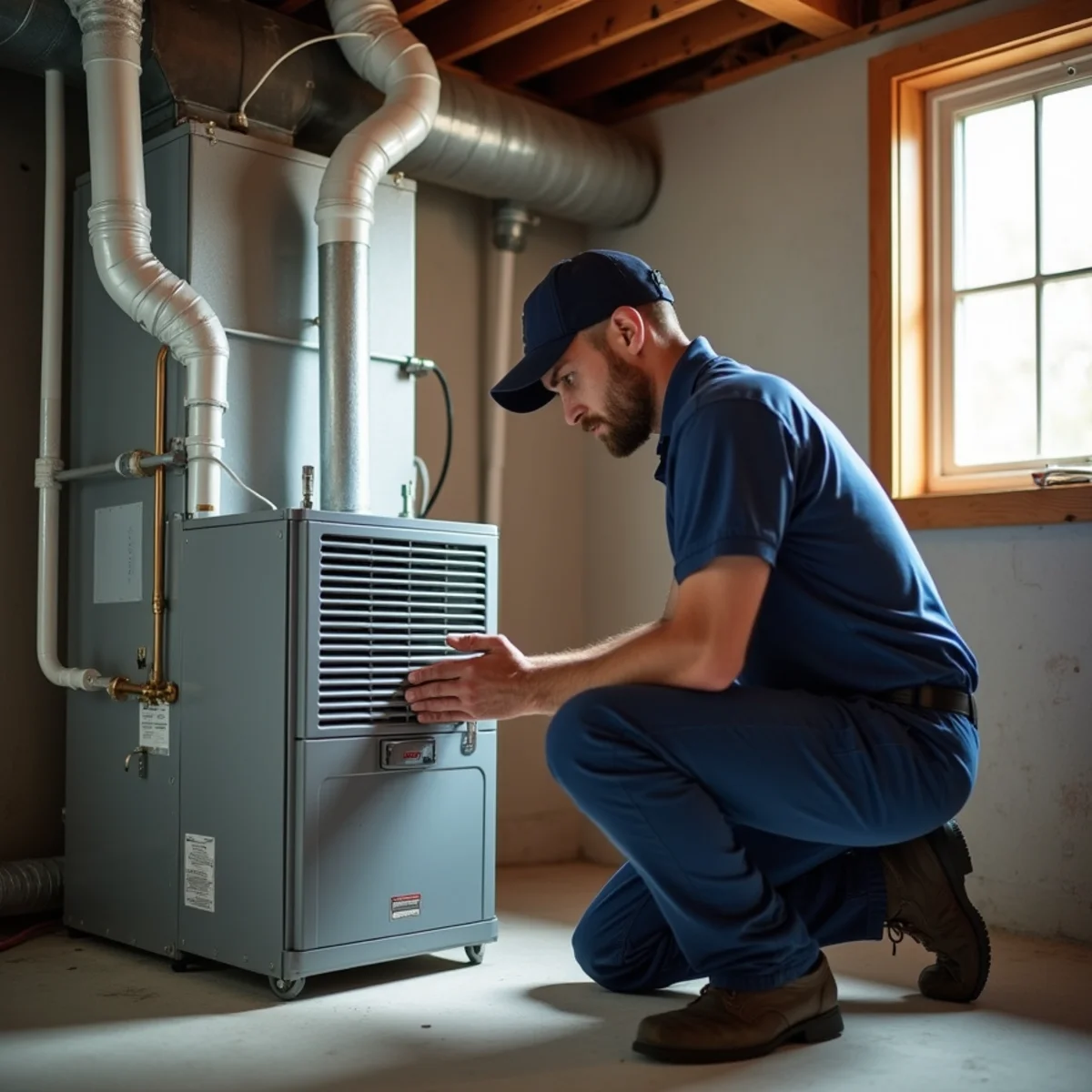 Technician installing a dehumidifier unit beside a home's air handler