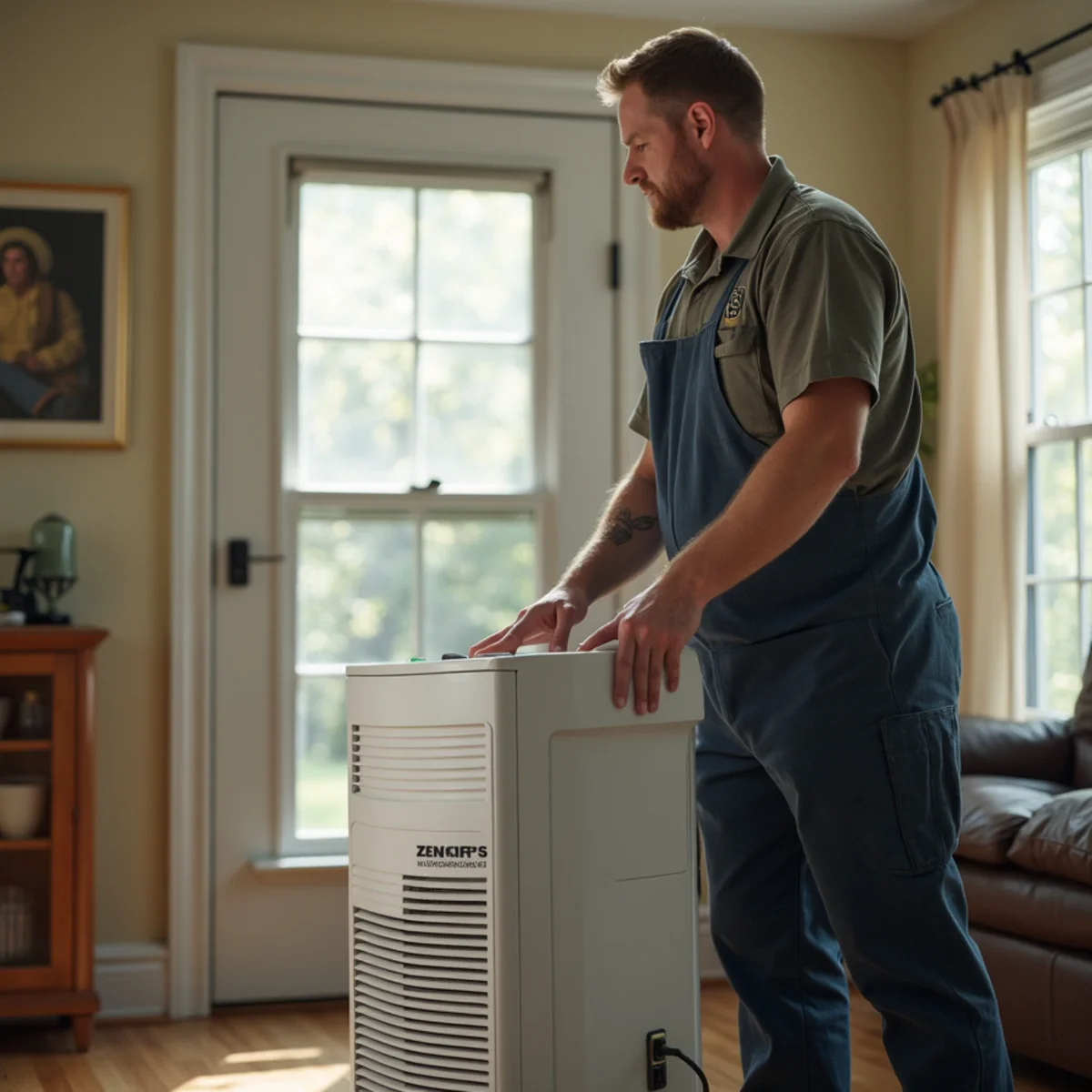 Whole-home dehumidifier unit installed alongside HVAC ductwork in a Quakertown, PA basement
