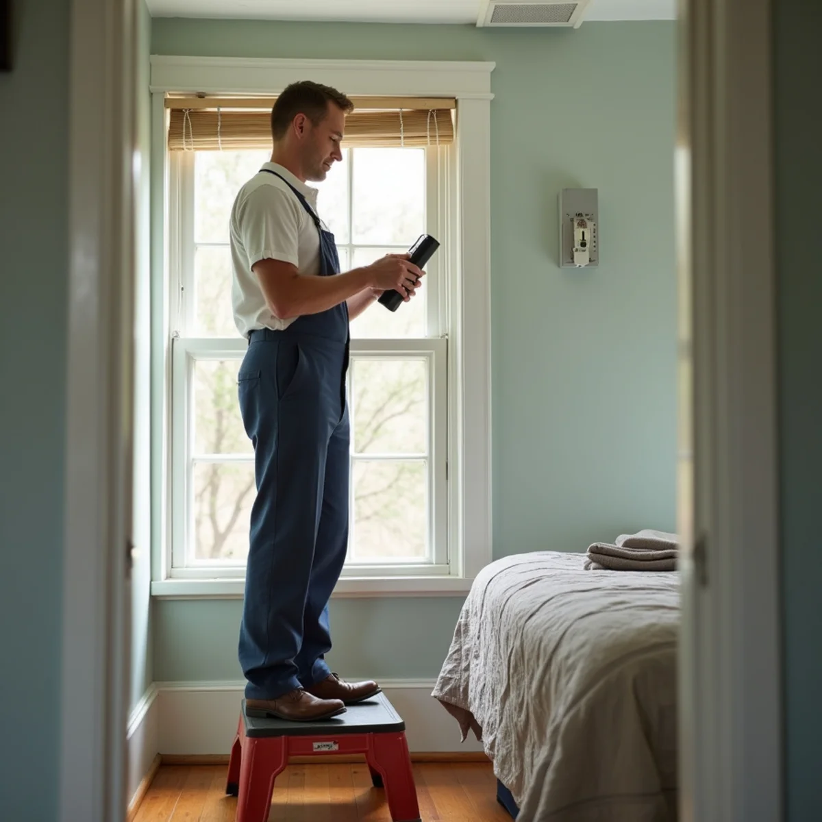 Technician measuring airflow at an upstairs ceiling register